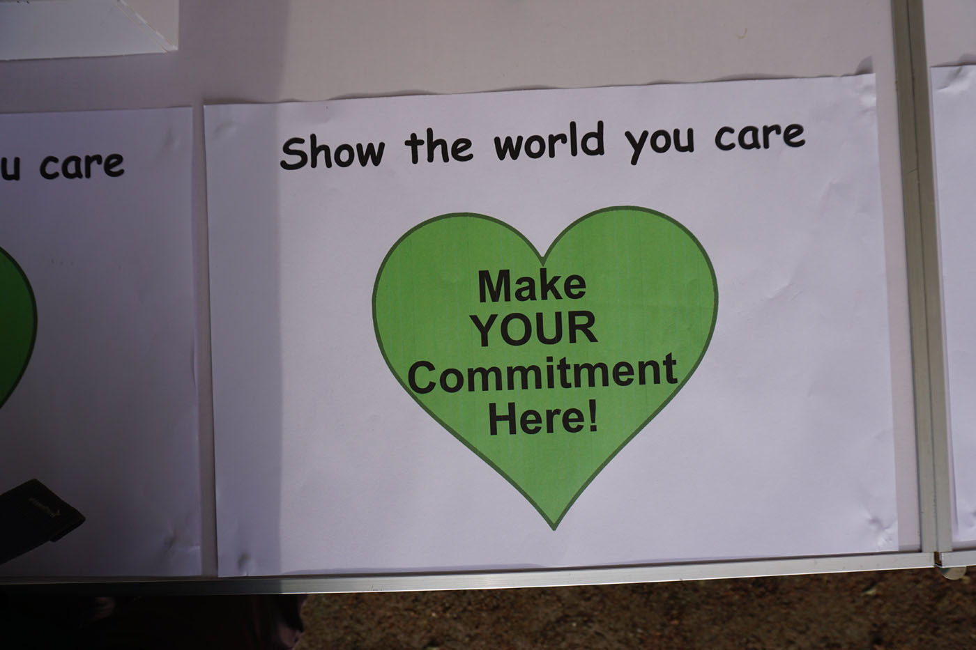 Photograph of a poster "Show the world you care - Make your commitment here"